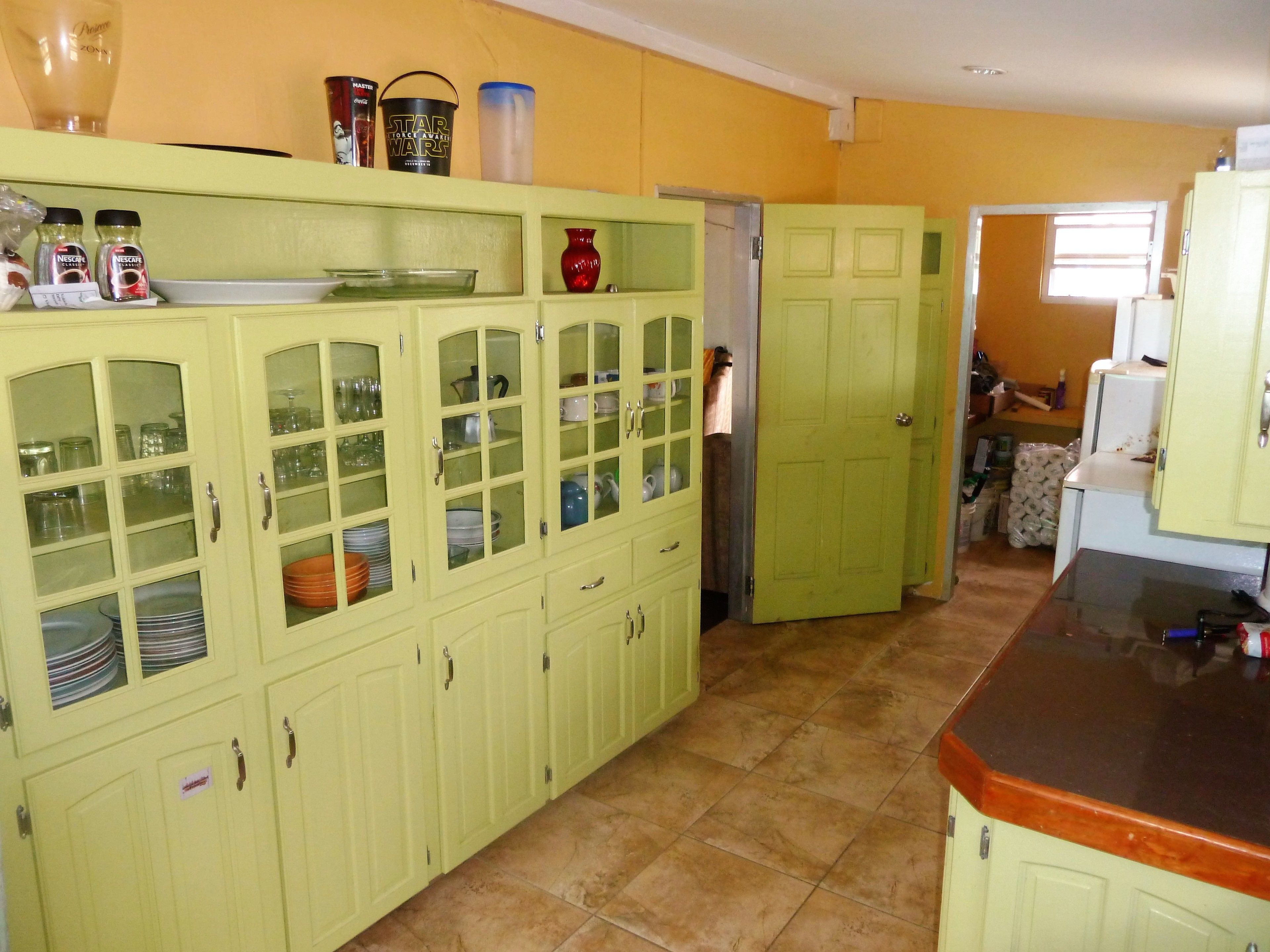 A kitchen with green cabinets, a countertop, and a door leading to another room.
