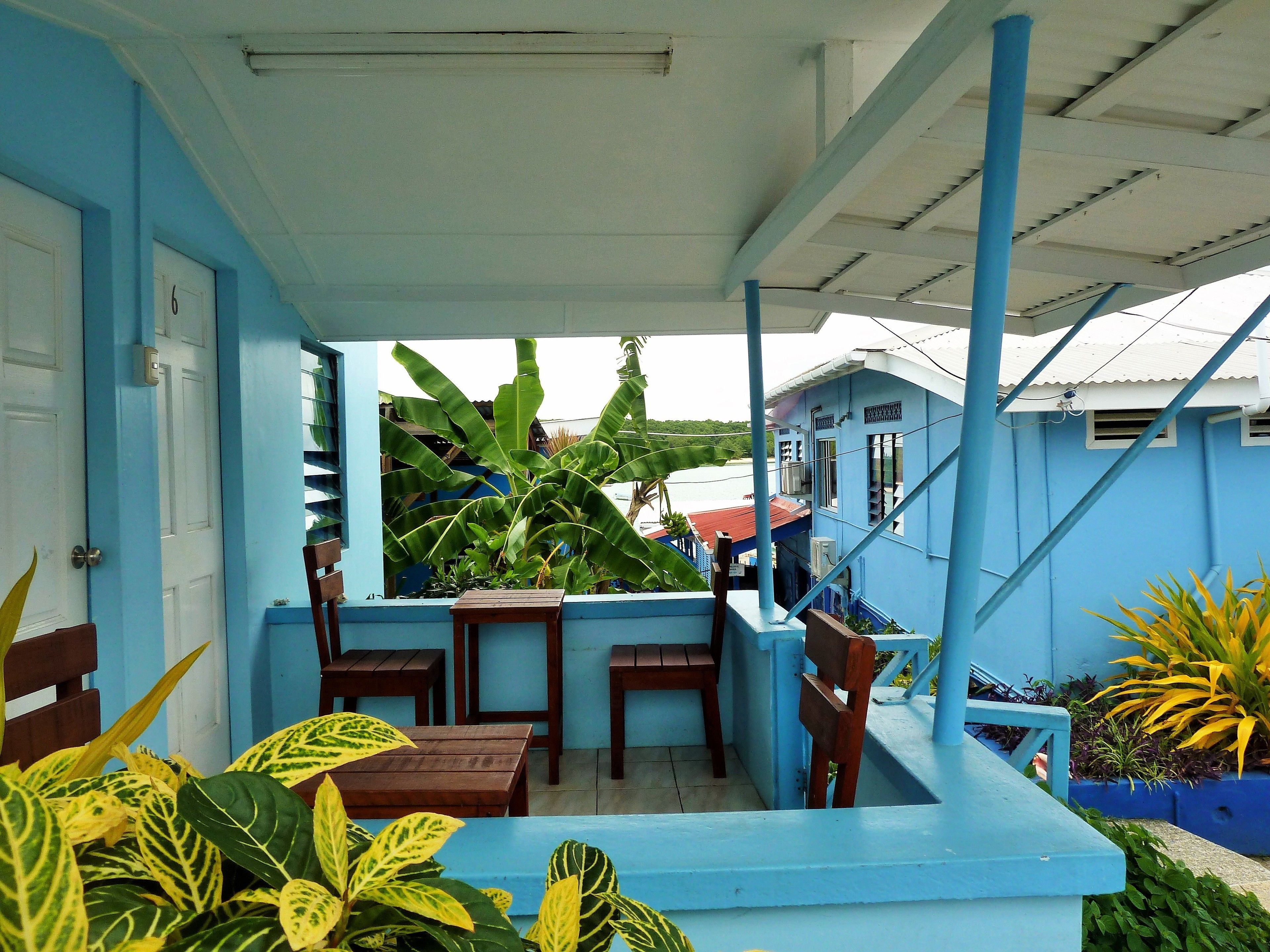 A covered outdoor seating area with wooden tables and chairs, surrounded by blue walls and potted plants.