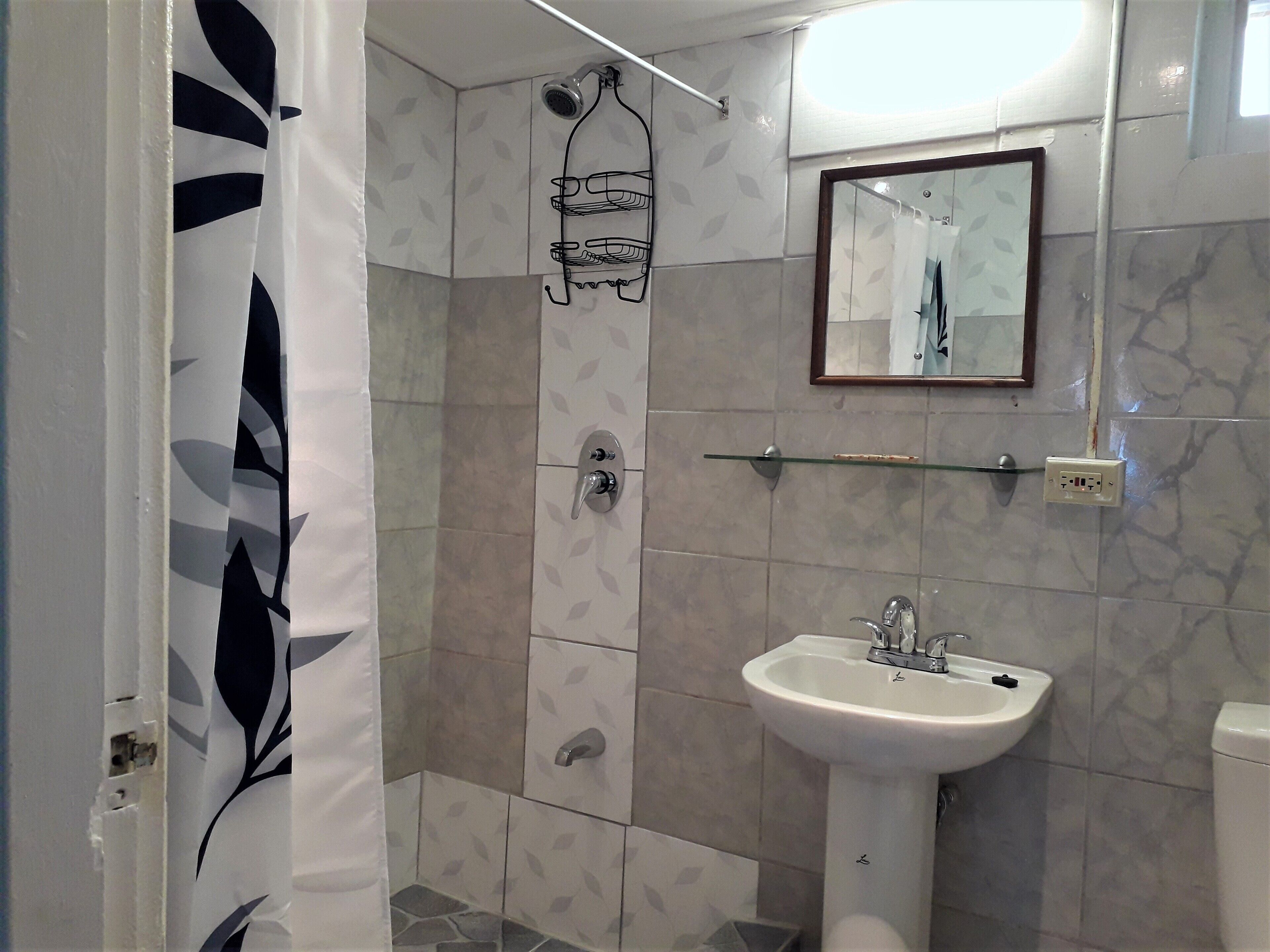 A bathroom with a shower, a sink, and a mirror.