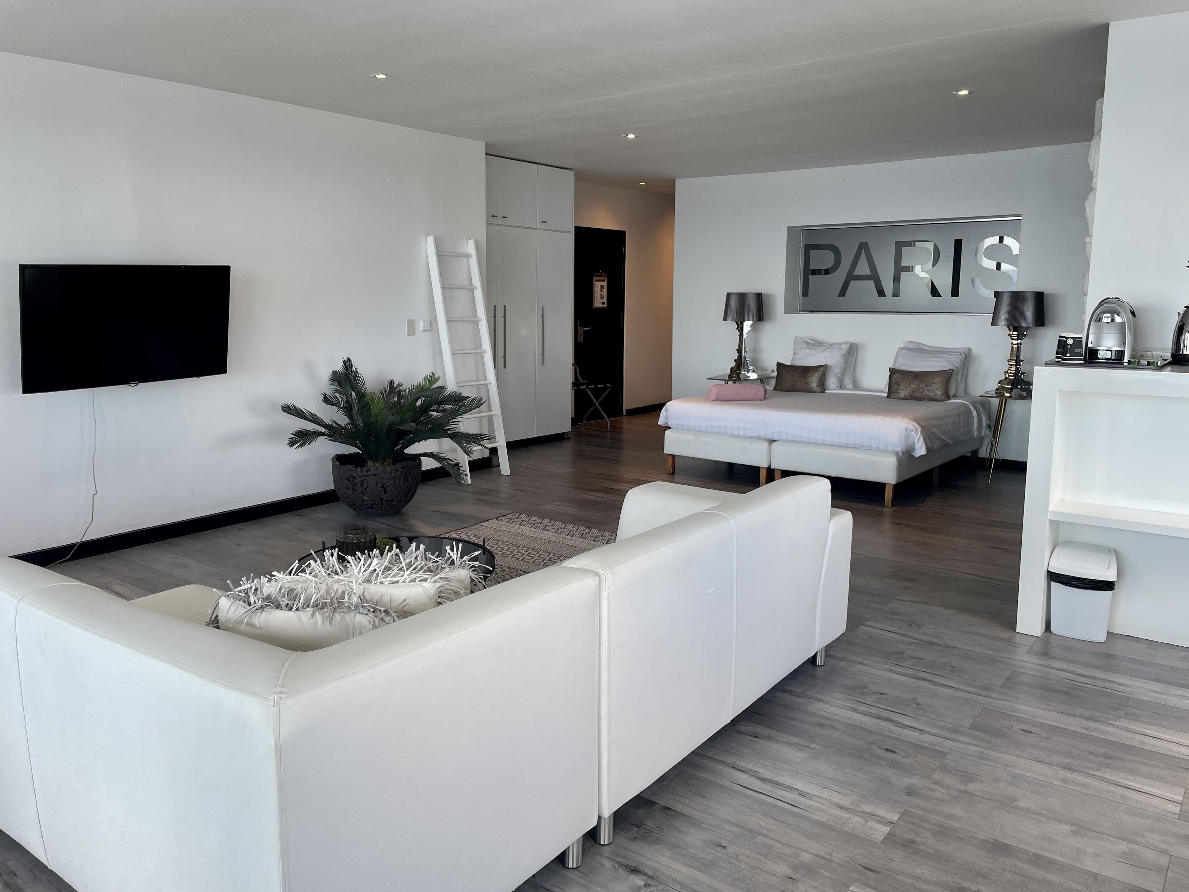 A modern hotel room with a large bed, a flat-screen TV, a white sofa, a coffee table, and a potted plant.