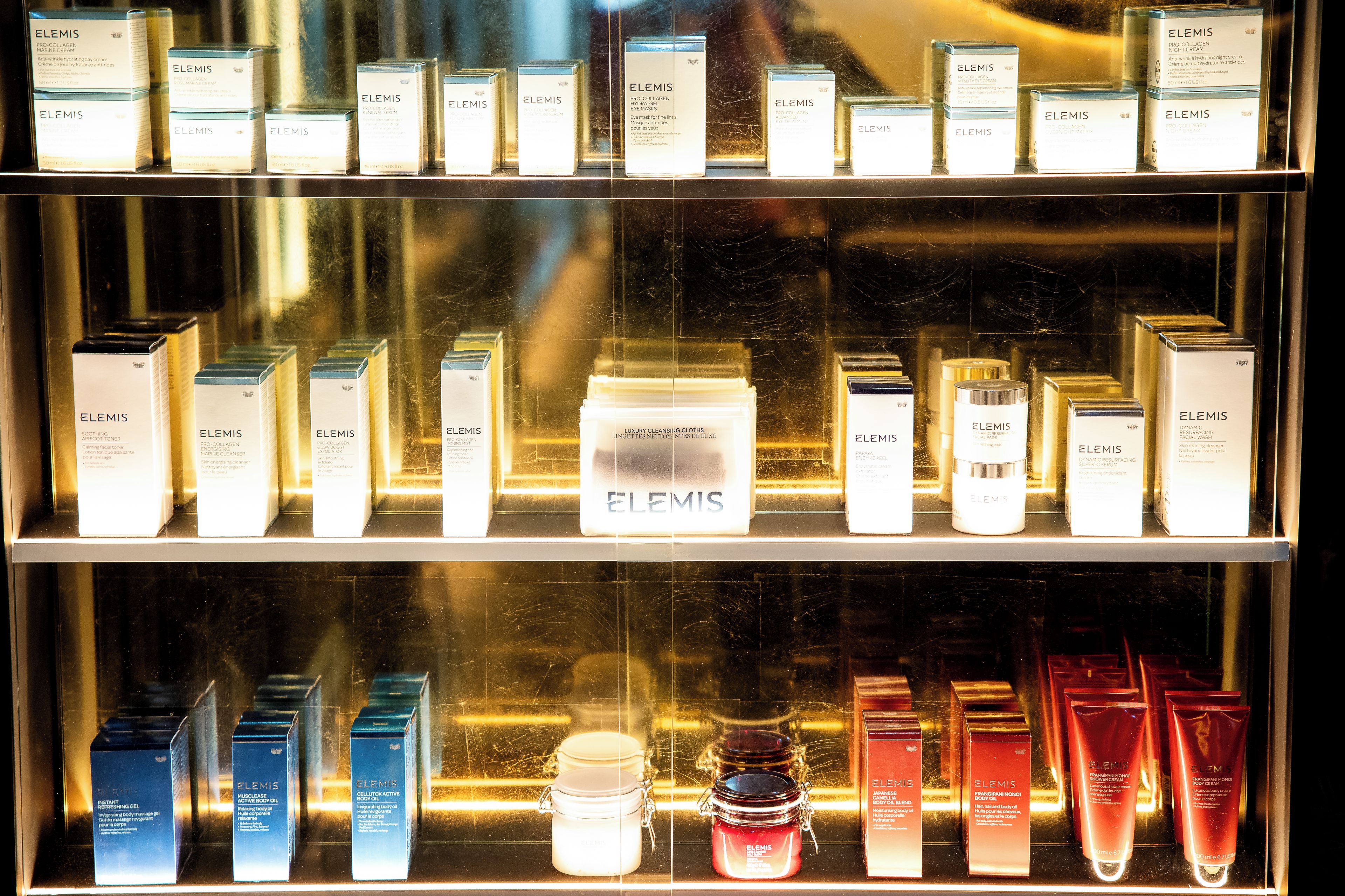 A display of Elemis skincare products in a store.