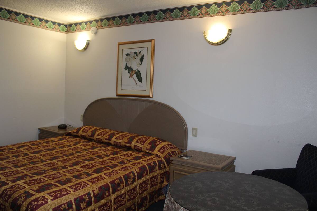 A hotel room with a large bed, a bedside table, a chair, and a framed picture on the wall.