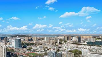 A cityscape with high-rise buildings, a river, and a distant mountain range.