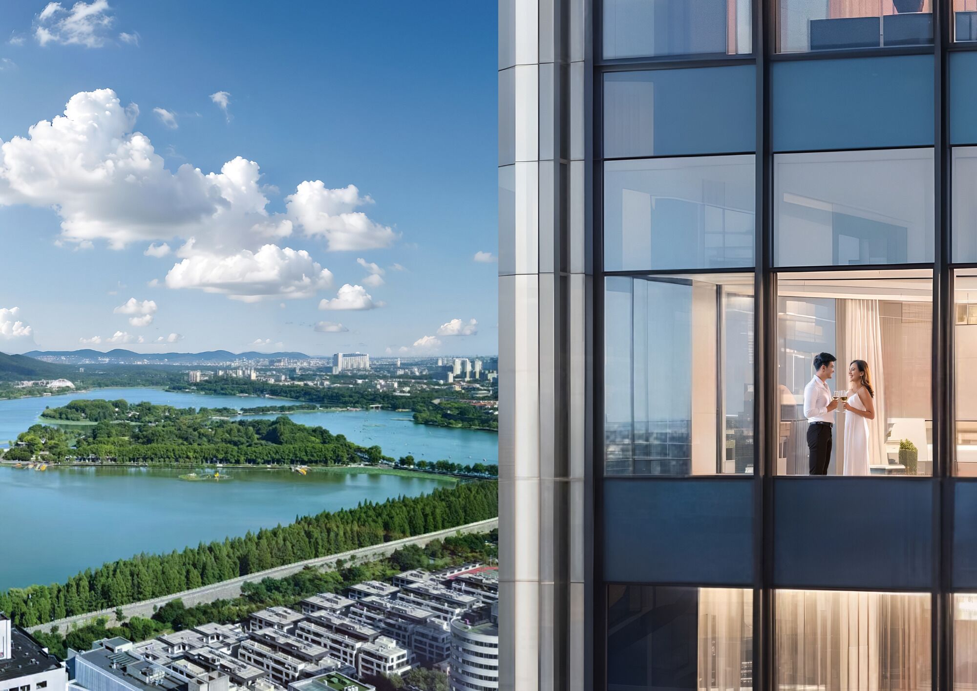 A modern building with large windows overlooking a lake and cityscape.
