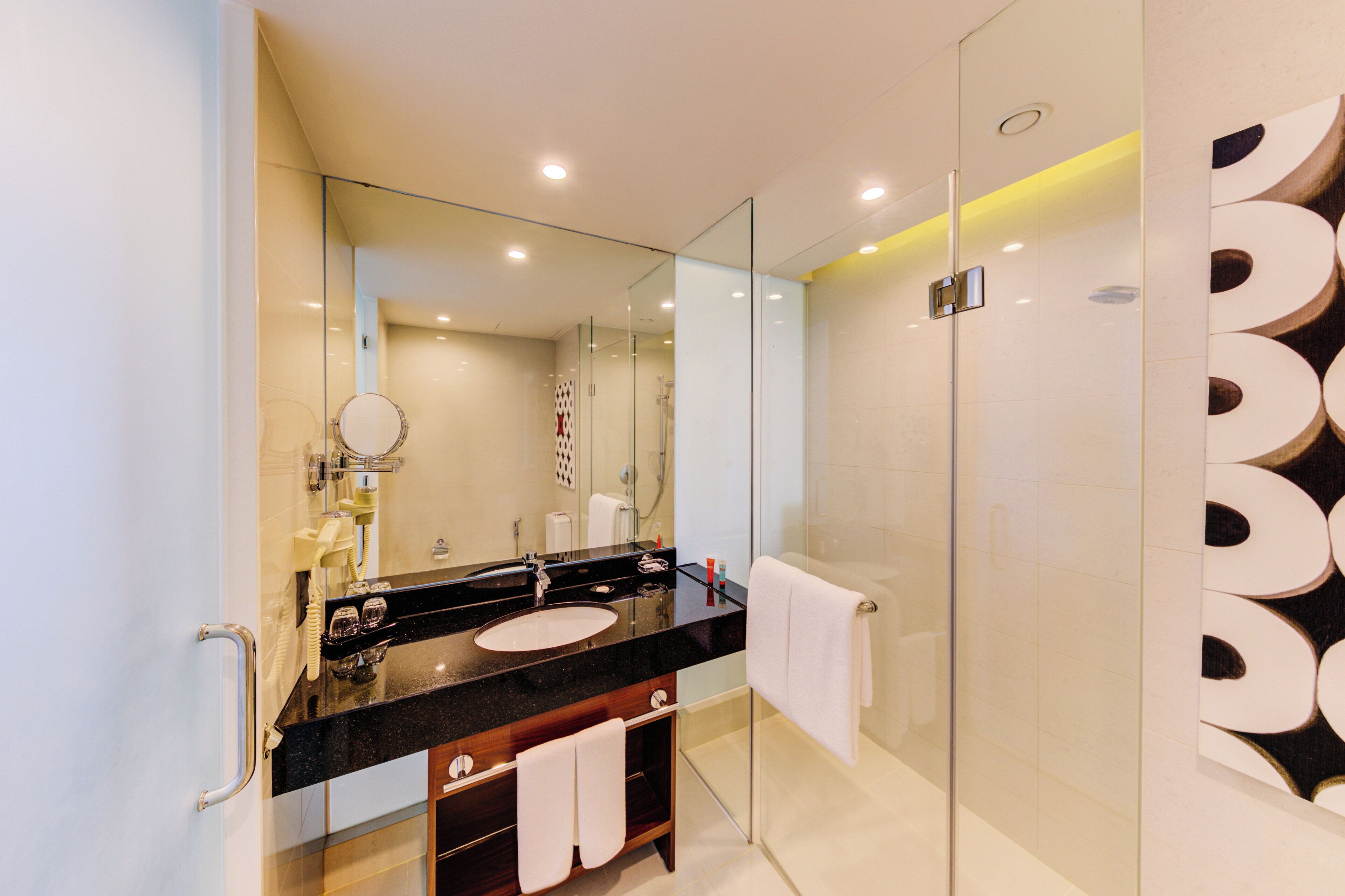 A modern bathroom with a glass shower enclosure, a vanity with a black countertop, and a large mirror.