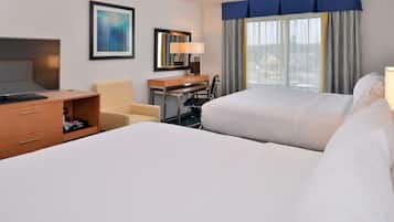 Desk, laptop workspace, blackout drapes, iron/ironing board
