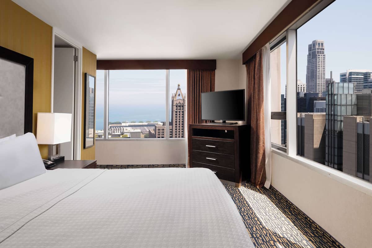 Une chambre d’hôtel avec un grand lit, une télévision, une commode et une vue sur le paysage urbain.