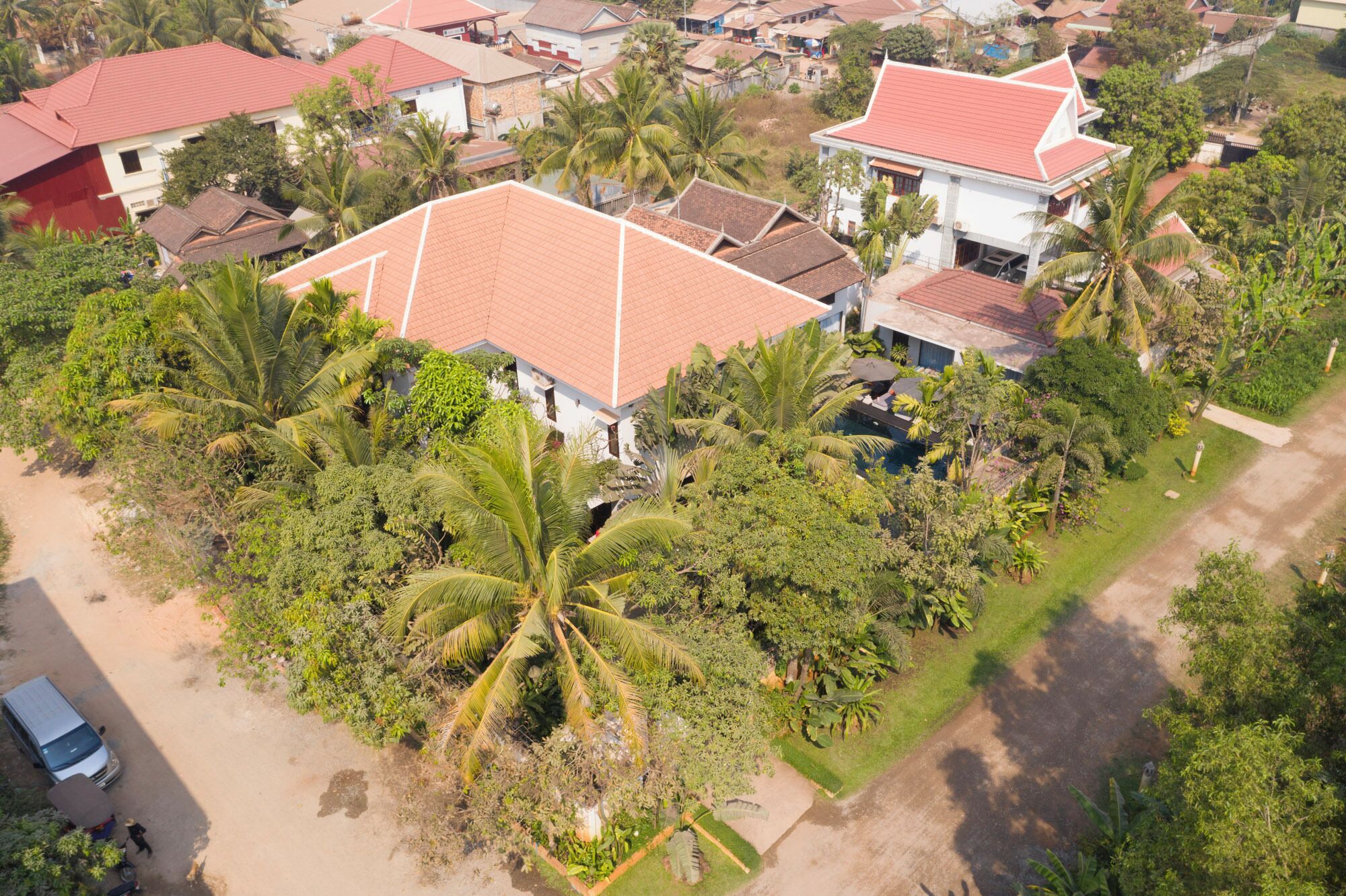 An aerial view of a residential area with houses, palm trees, and a dirt road.