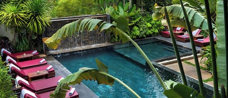 Outdoor pool, pool umbrellas, pool loungers