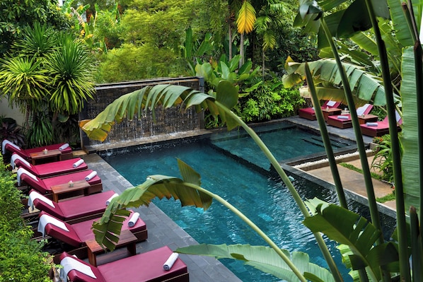 Outdoor pool, pool umbrellas, pool loungers