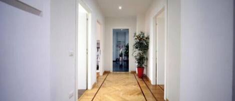A hallway with wooden flooring, white walls, and a potted plant.