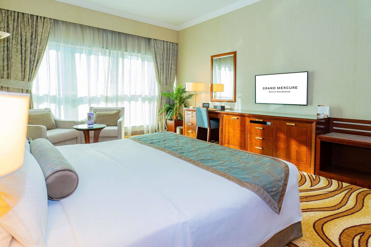 Habitación de hotel con una cama grande, un escritorio, una silla, un televisor y una planta en maceta.