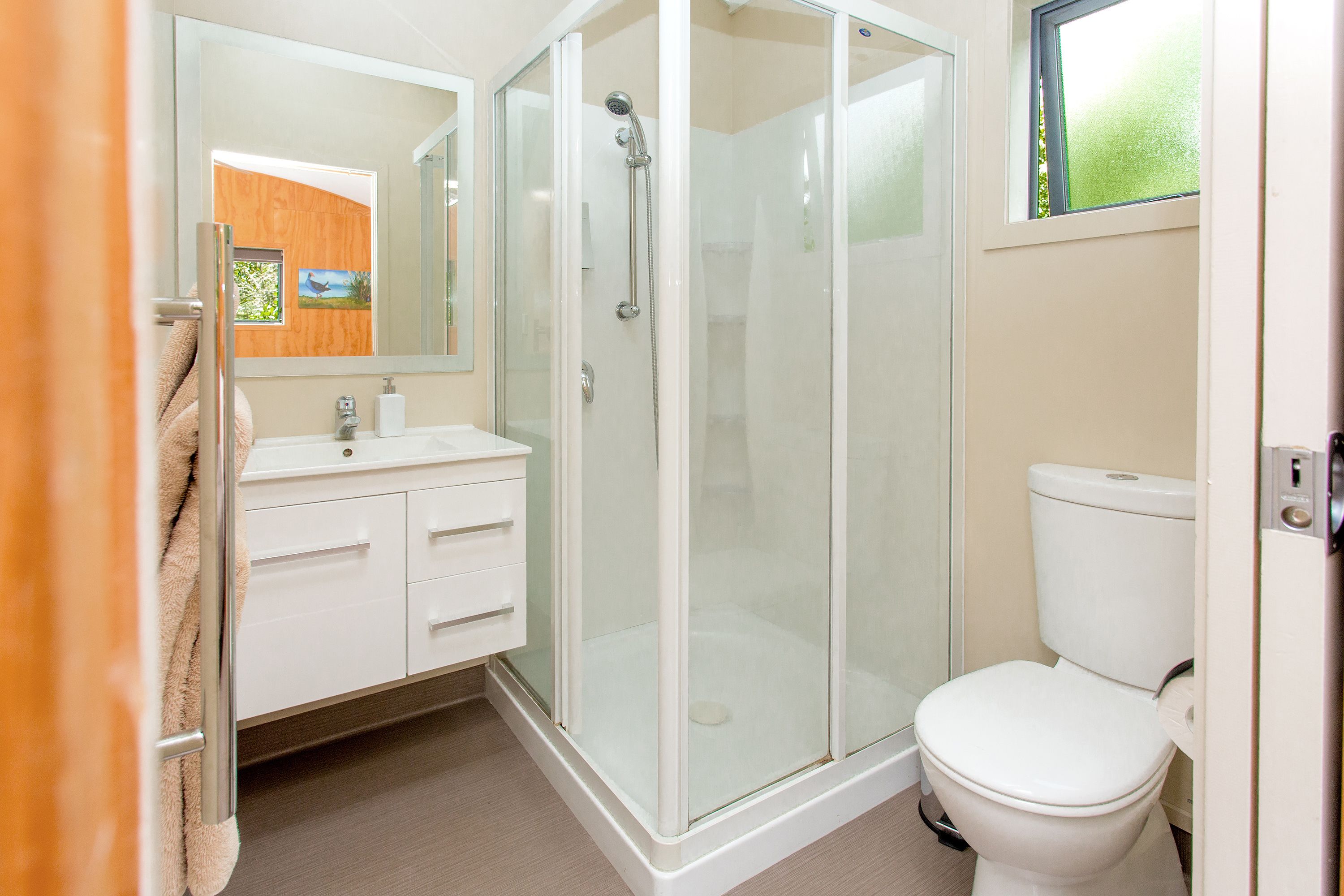A bathroom with a glass-enclosed shower, a white toilet, and a sink with a mirror above it.