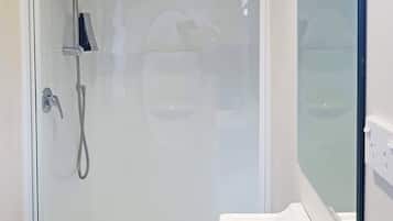 A modern bathroom with a glass-enclosed shower, a white sink, and a mirror.