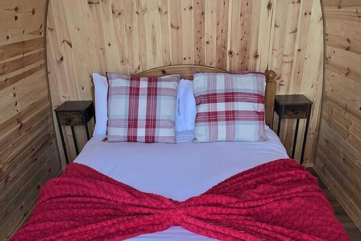 A wooden room with a bed, pillows, and a red blanket.