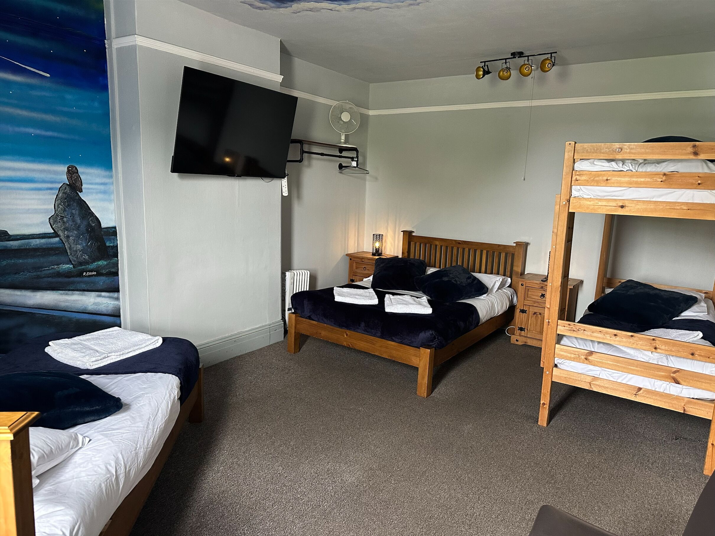 A room with a bunk bed, a single bed, a flat-screen TV, a radiator, and a wall mural.