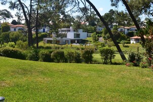 Un barrio residencial con casas modernas, un césped y una piscina.