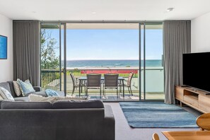 Penthouse Apartment - Ocean View | Living area | 50-inch flat-screen TV with digital channels, plasma TV, Netflix - The Dolphin Apartments (Apollo Bay)