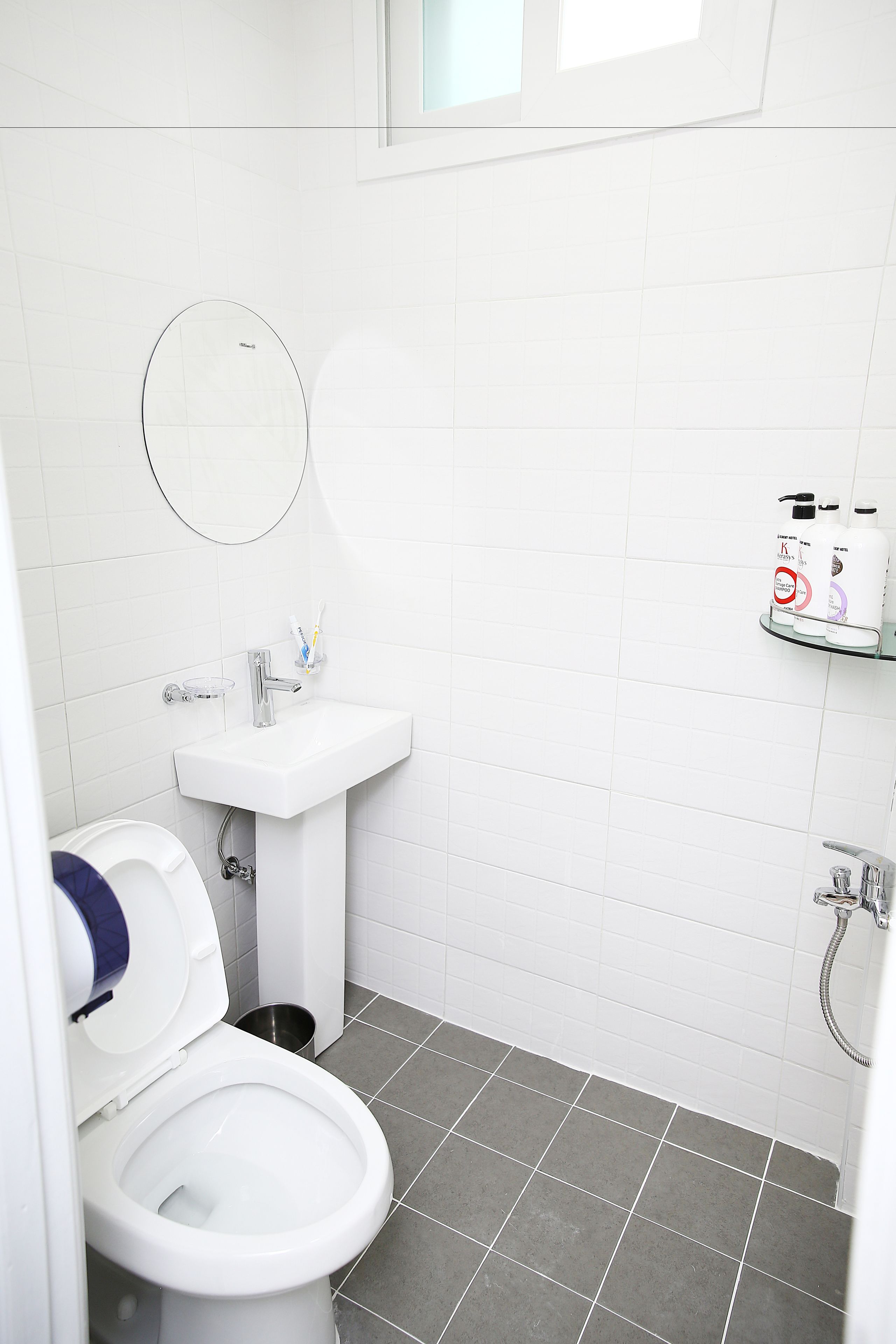 Une salle de bain avec des toilettes, un lavabo et une douche.