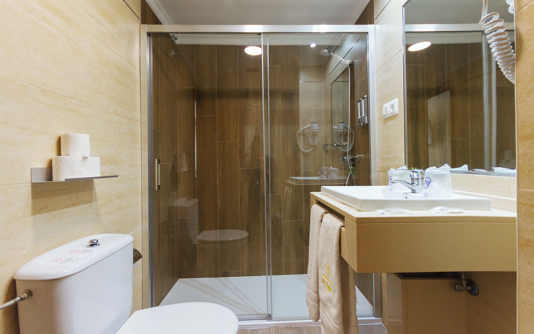 A modern bathroom with a glass-enclosed shower, a toilet, a sink with a mirror, and a towel rack.