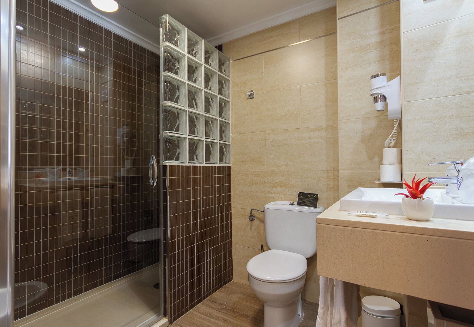 Un baño con cabina de ducha de vidrio, inodoro, lavamanos con espejo y una pequeña planta en maceta.