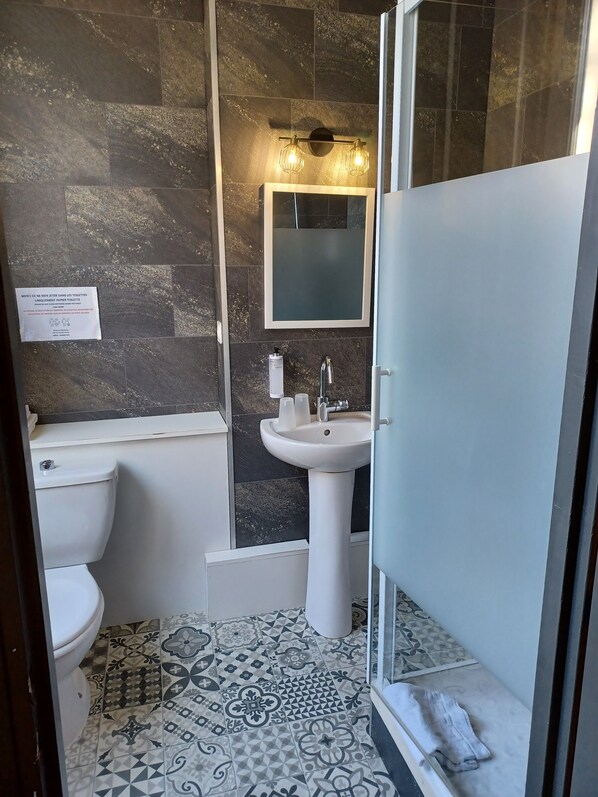 Un baño con inodoro, lavabo y ducha.