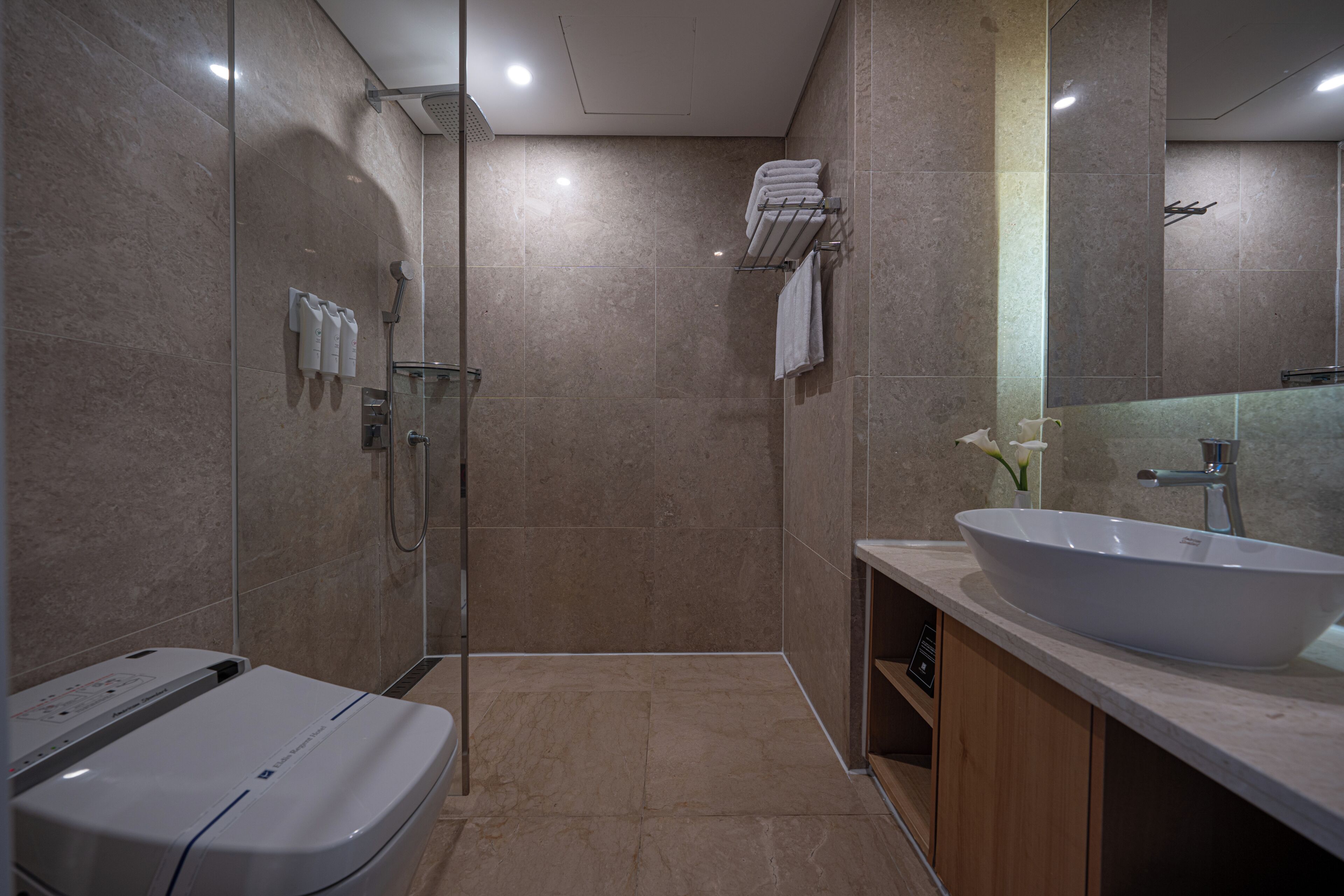 A modern bathroom with a glass shower enclosure, a white sink, and a large mirror.