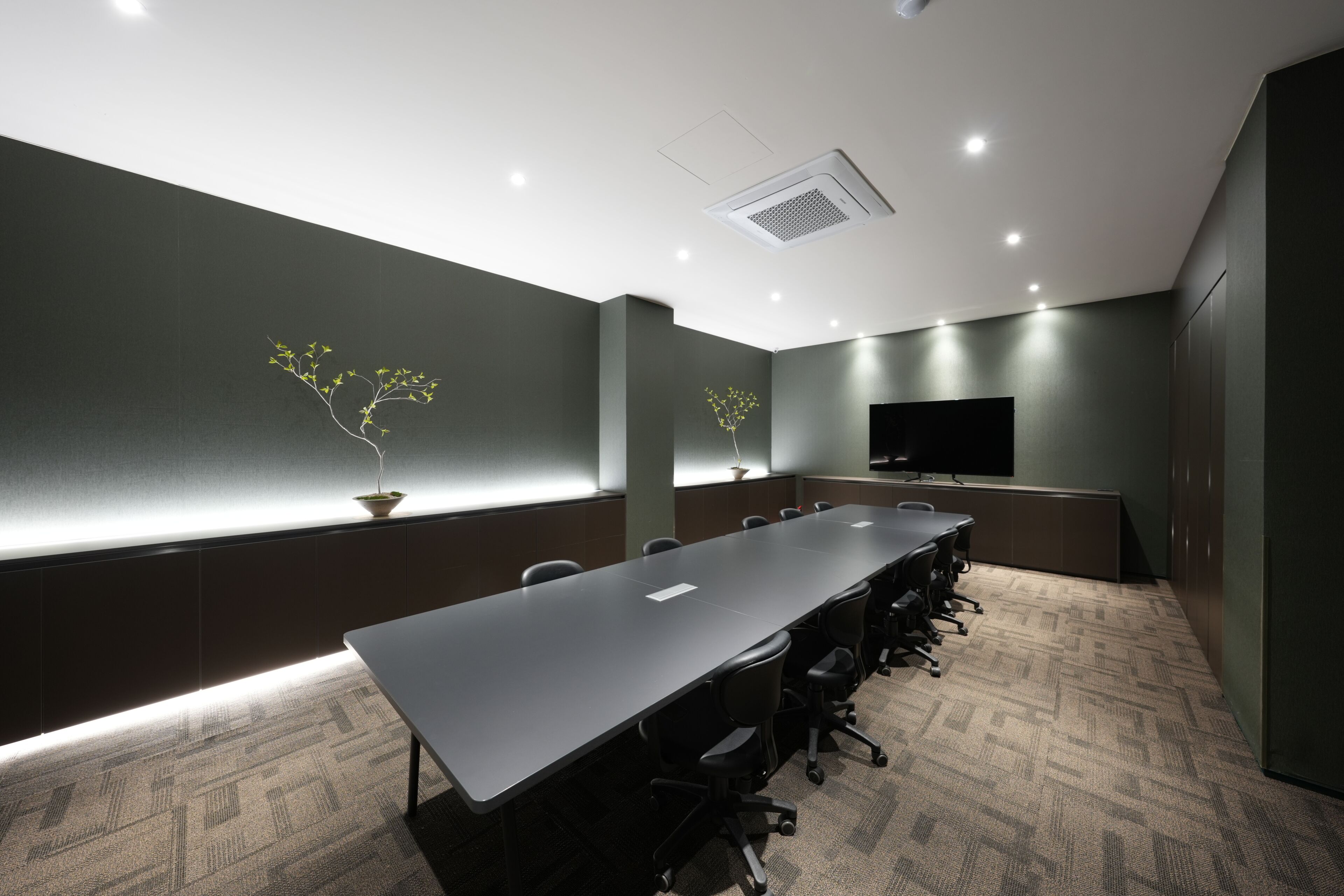 Un salón de conferencias con una larga mesa, sillas, un televisor de pantalla plana y plantas decorativas.