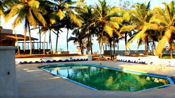 Piscina con palmeras y vista al océano.