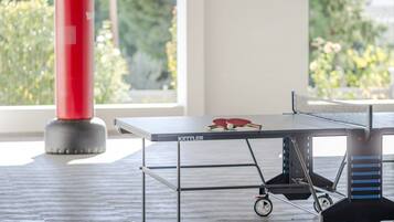 A ping pong table with a Kettler brand, a red exercise machine, and a view of greenery through large windows.