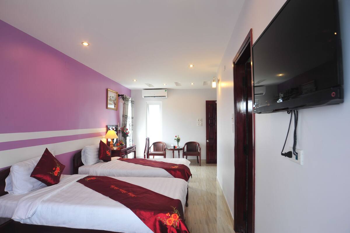 Habitación de hotel con dos camas, televisión, escritorio con lámpara y una silla.