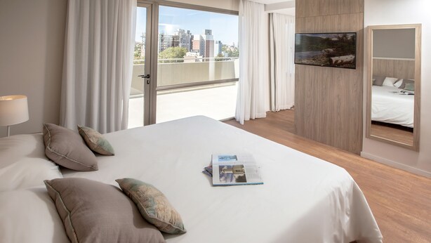 A hotel room with a large bed, a city view, a TV, and a wooden wardrobe. - Brizo Neuquen (Neuquén)