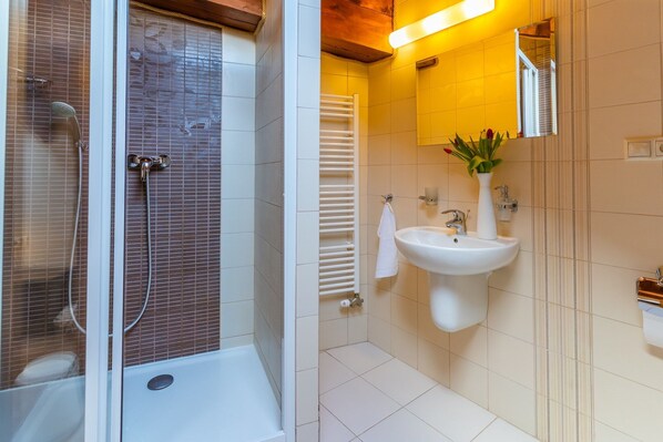Un baño con ducha, lavabo y espejo.