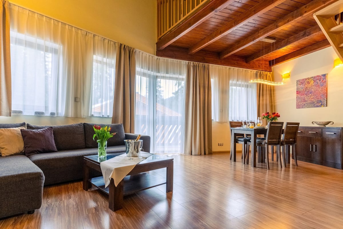 A spacious living room with a wooden ceiling, a dining area with a table and chairs, and a kitchen area with cabinets.