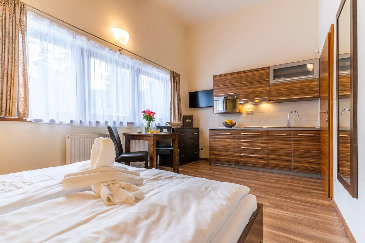 A hotel room with a bed, a desk, a chair, a small kitchenette, and a TV.