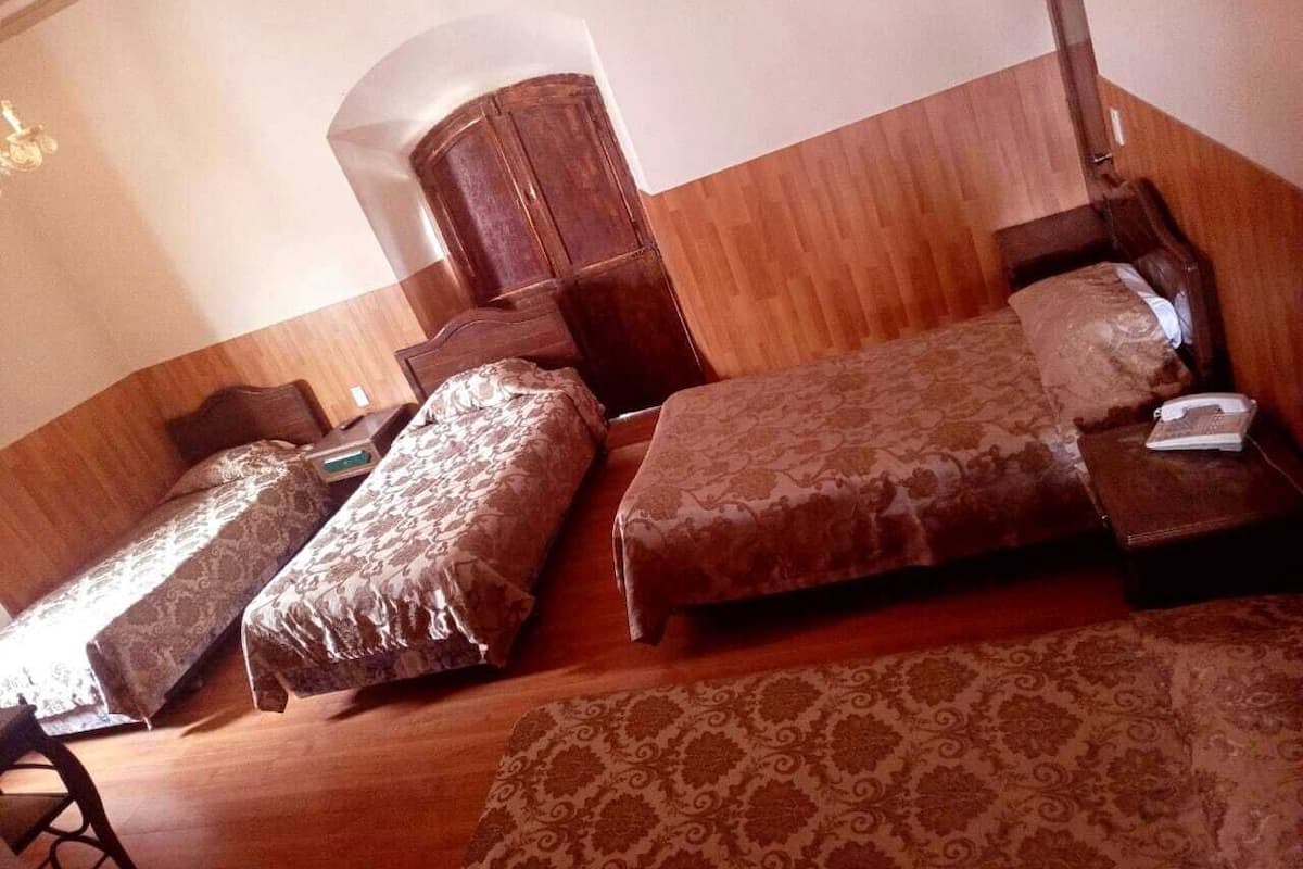 Una habitación de hotel con dos camas individuales, un cabecero de madera, una mesita de noche y una alfombra estampada.