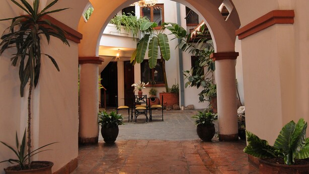 Un corredor abovedado con plantas en macetas, una escalera y un comedor al fondo.
