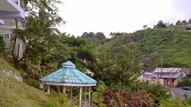 Um gazebo com teto azul, rodeado por vegetação exuberante e uma trilha de terra que o leva até ele.