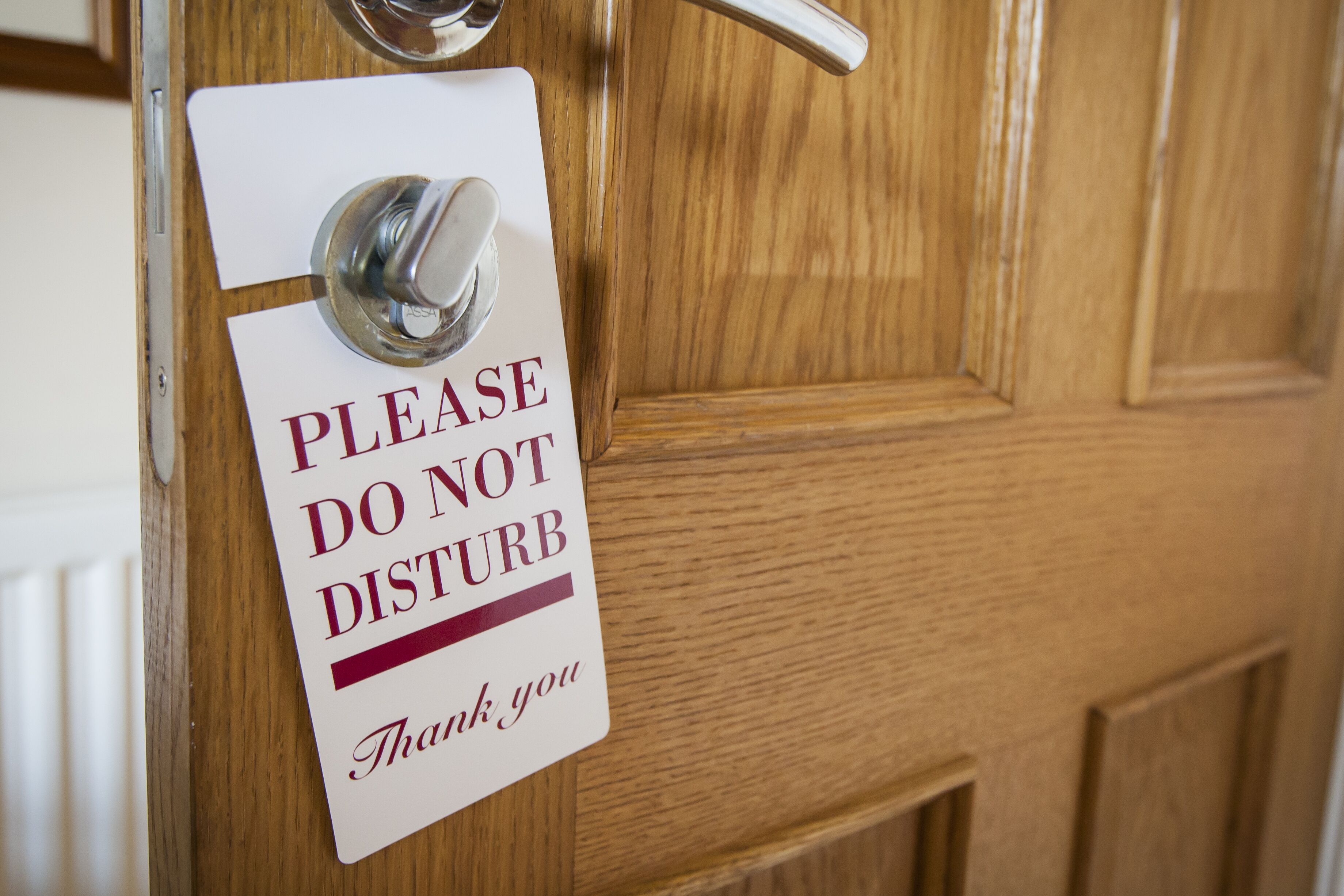 A wooden door with a sign that reads "PLEASE DO NOT DISTURB Thank you".