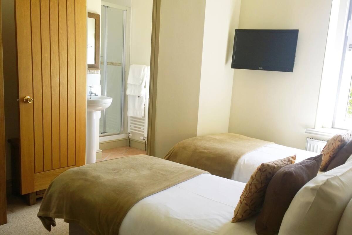 A bedroom with two beds, a bathroom with a sink and a shower, and a TV mounted on the wall.