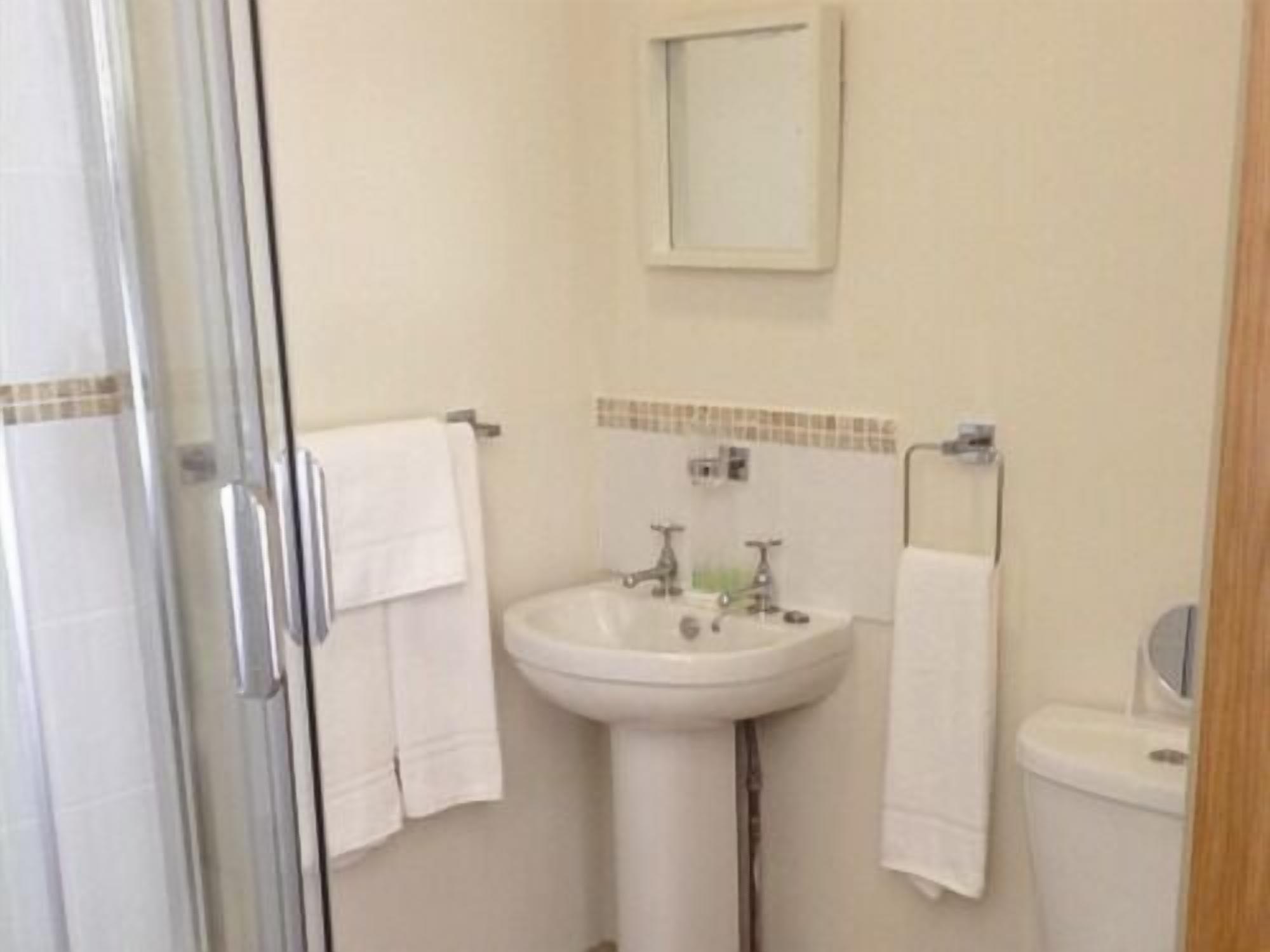 A bathroom with a glass shower door, a sink with a mirror above it, and a toilet.