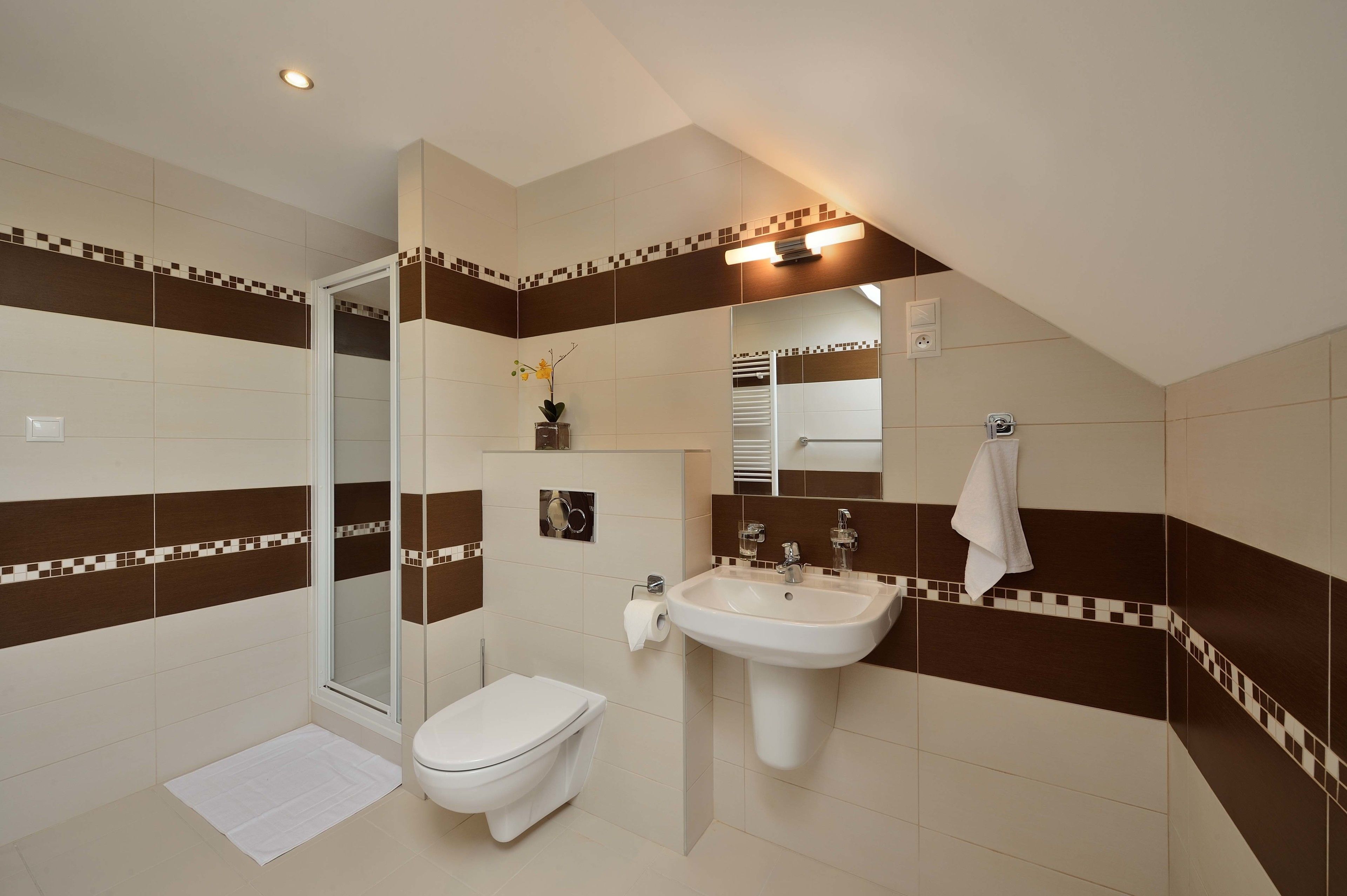 Un baño con ducha, inodoro, lavabo y espejo.