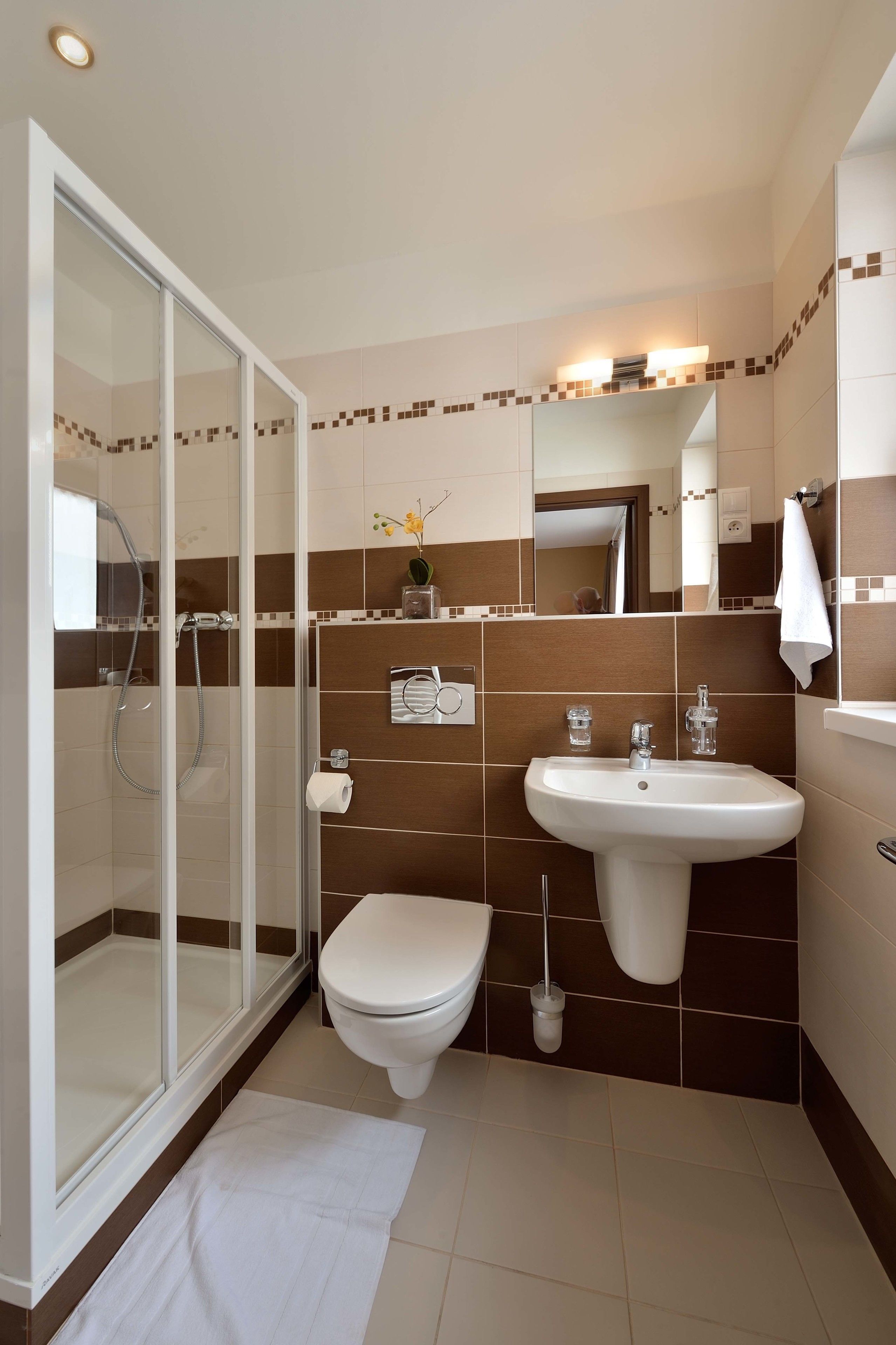 Driepersoonskamer | Badkamer | Een douche, gratis toiletartikelen, een haardroger, handdoeken