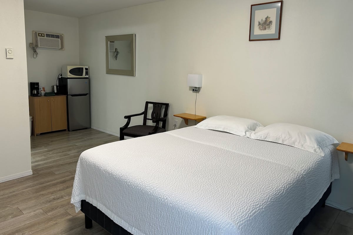 Habitación de hotel con cama, una silla, un escritorio, microondas, refrigerador y un cuadro en la pared.