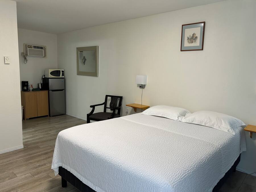 A hotel room with a bed, a chair, a desk, a microwave, a refrigerator, and a picture on the wall.
