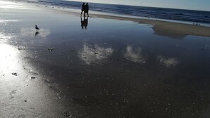 Una playa con arena húmeda que refleja el cielo y algunas personas caminando.