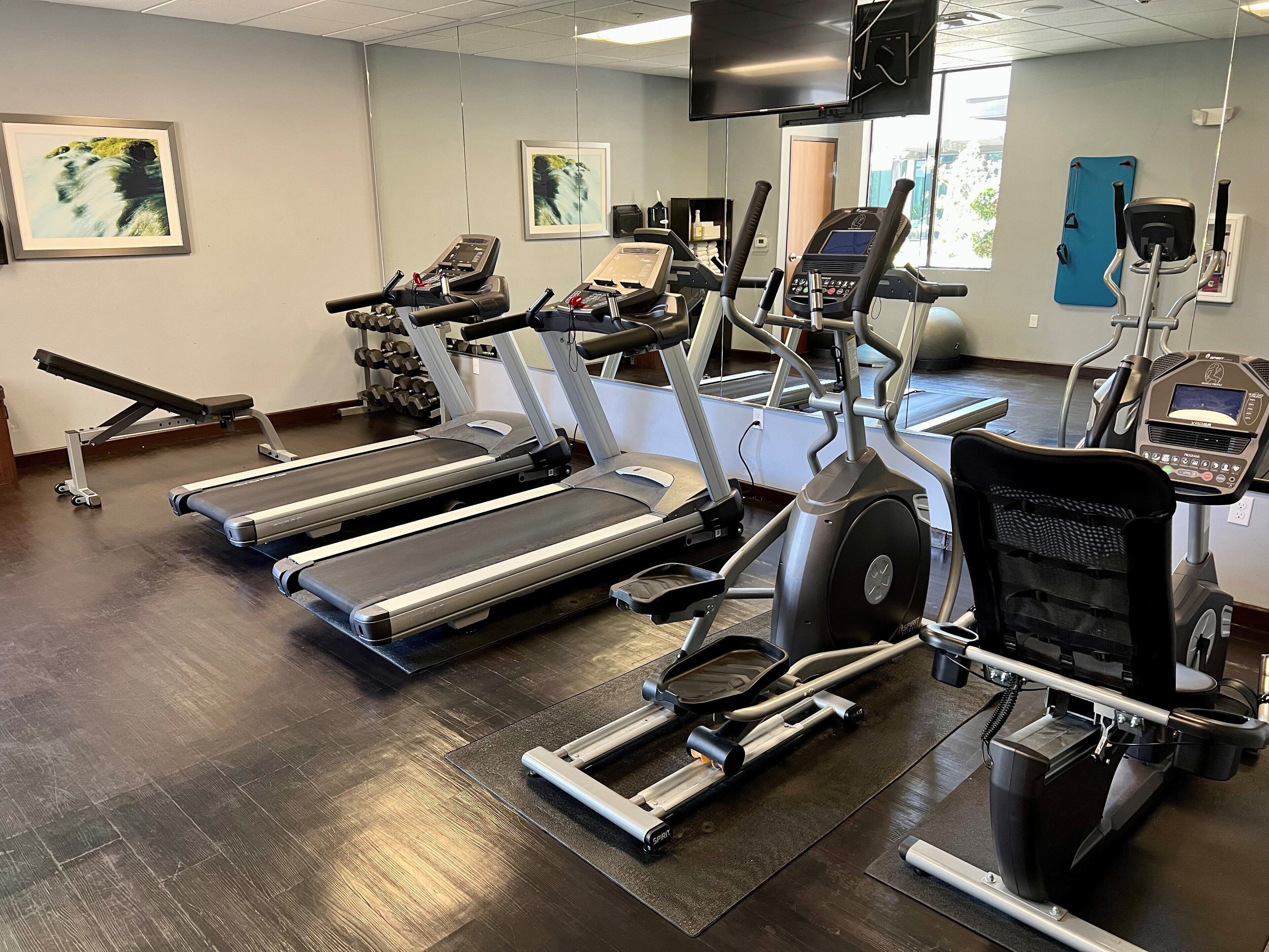 Un gimnasio con cintas de correr, elípticas y pesas libres.