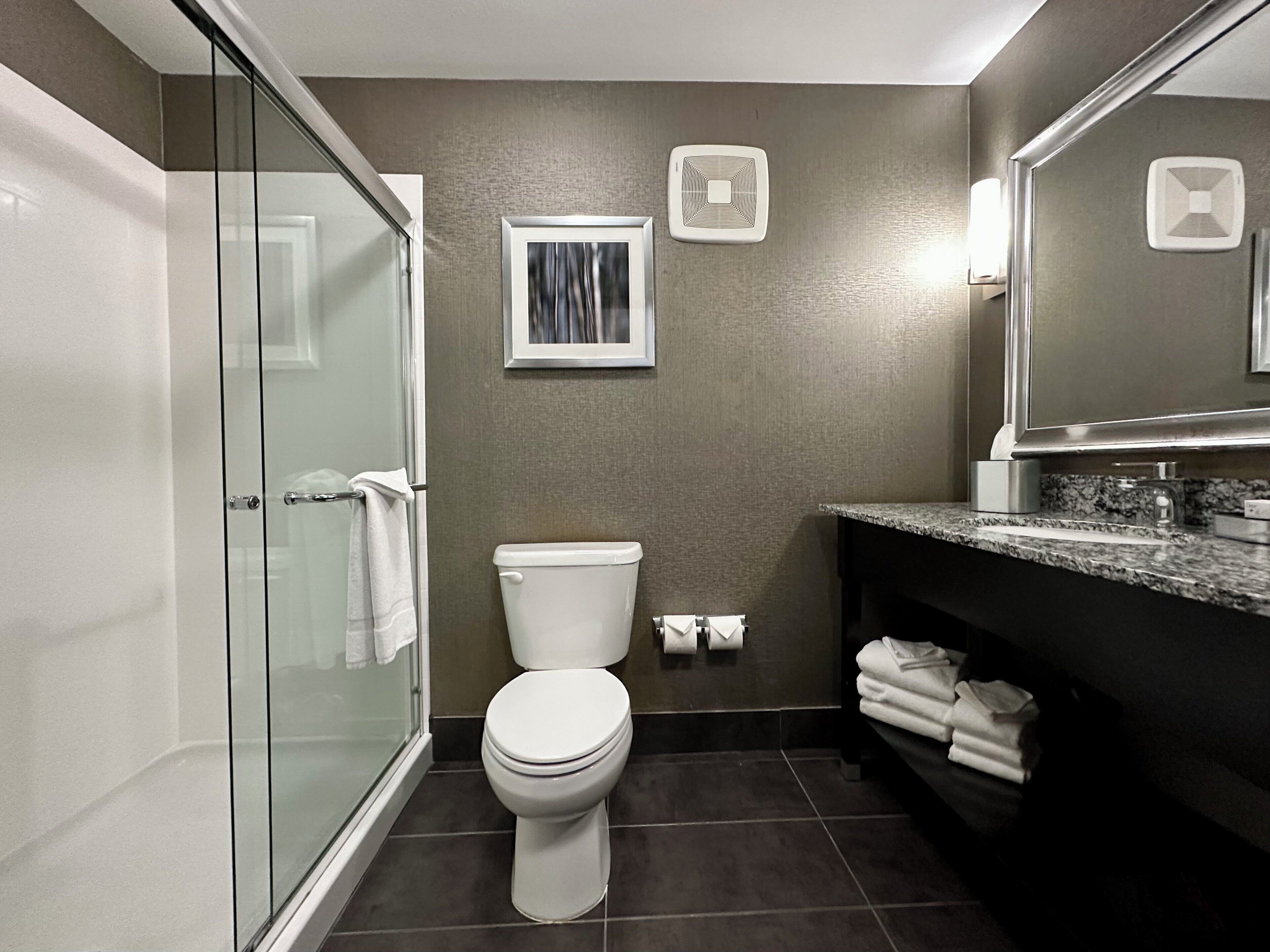 Un bany amb una cabina de dutxa de vidre, un vàter, un lavabo amb taulell de granat i un mirall sobre el lavabo.