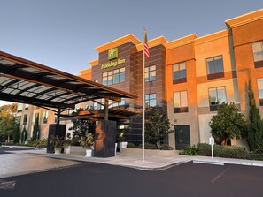 A Holiday Inn hotel with a modern design, featuring a covered entrance and a flagpole.