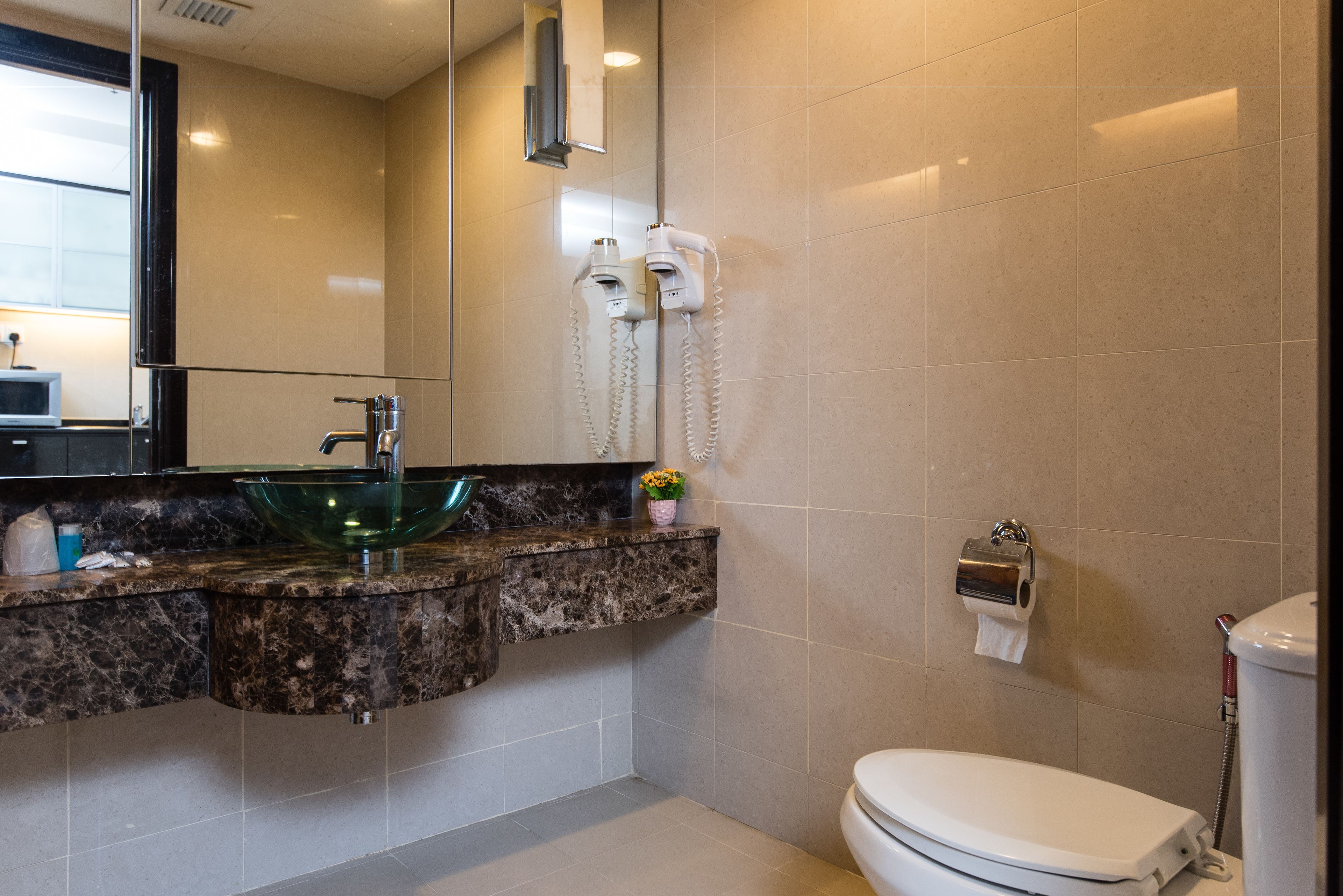 Une salle de bain avec un lavabo en forme de bol en verre, des toilettes et un sèche-cheveux fixé au mur.